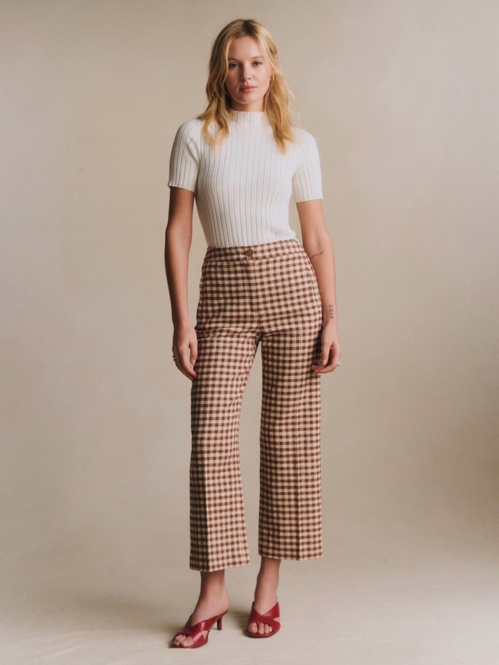 Sezane Martin Crop Trousers Brown/ Ecru Gingham - Size 6